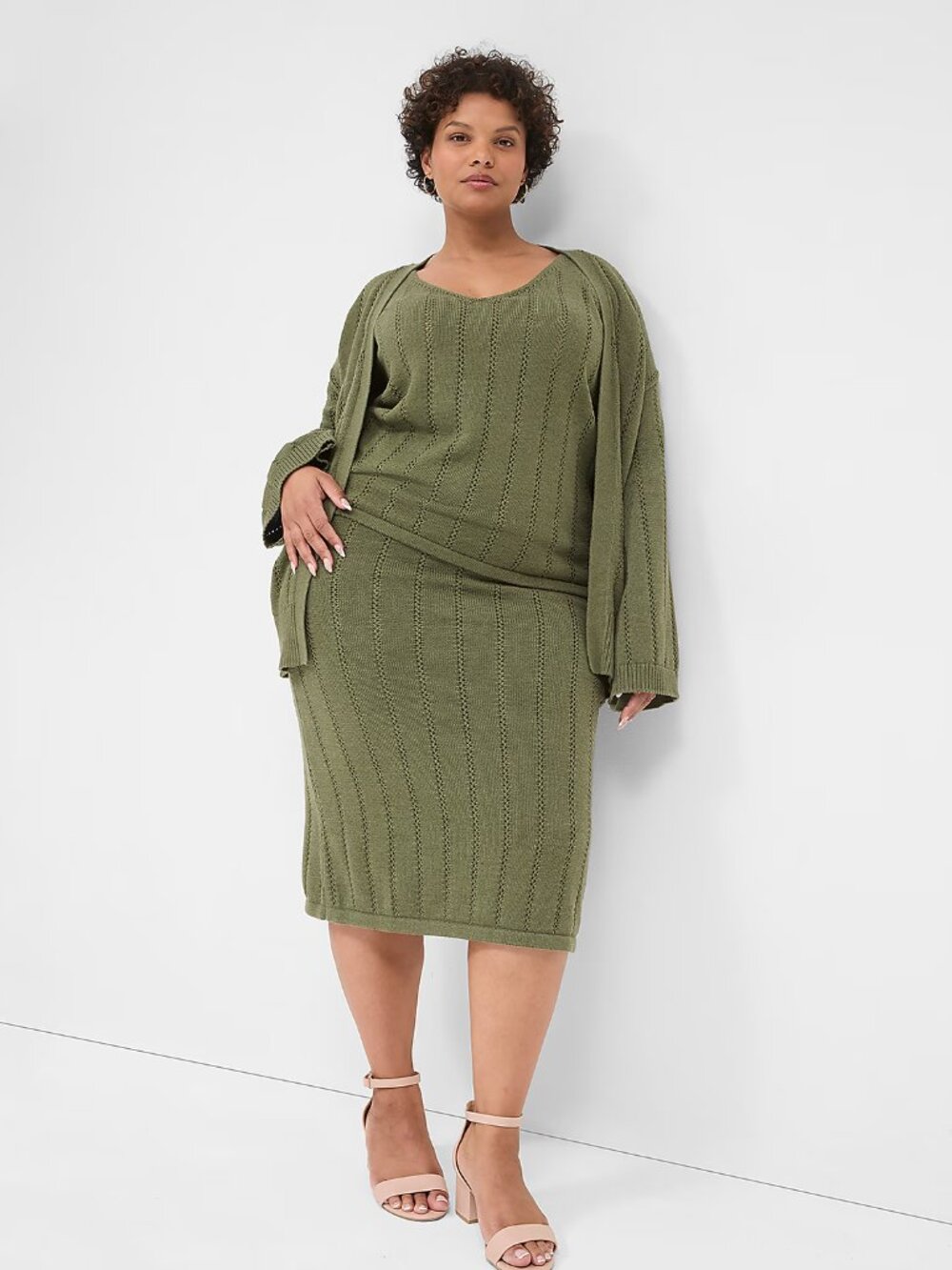 Lane Bryant Olive Knit Cardigan and Matching Skirt Set. Skirt 14/16 Cardigan 22